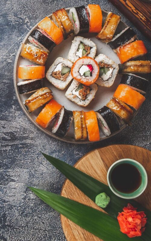 Sushi and rolls sets. Japonese food. top view Sushi and rolls sets. Japonese food. top view